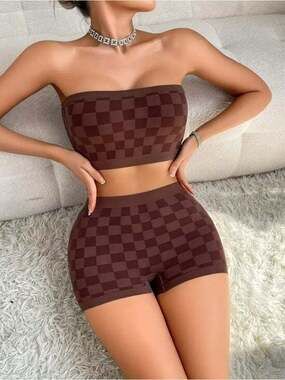 Seamless Checkerboard Strapless Crop Top in Brown